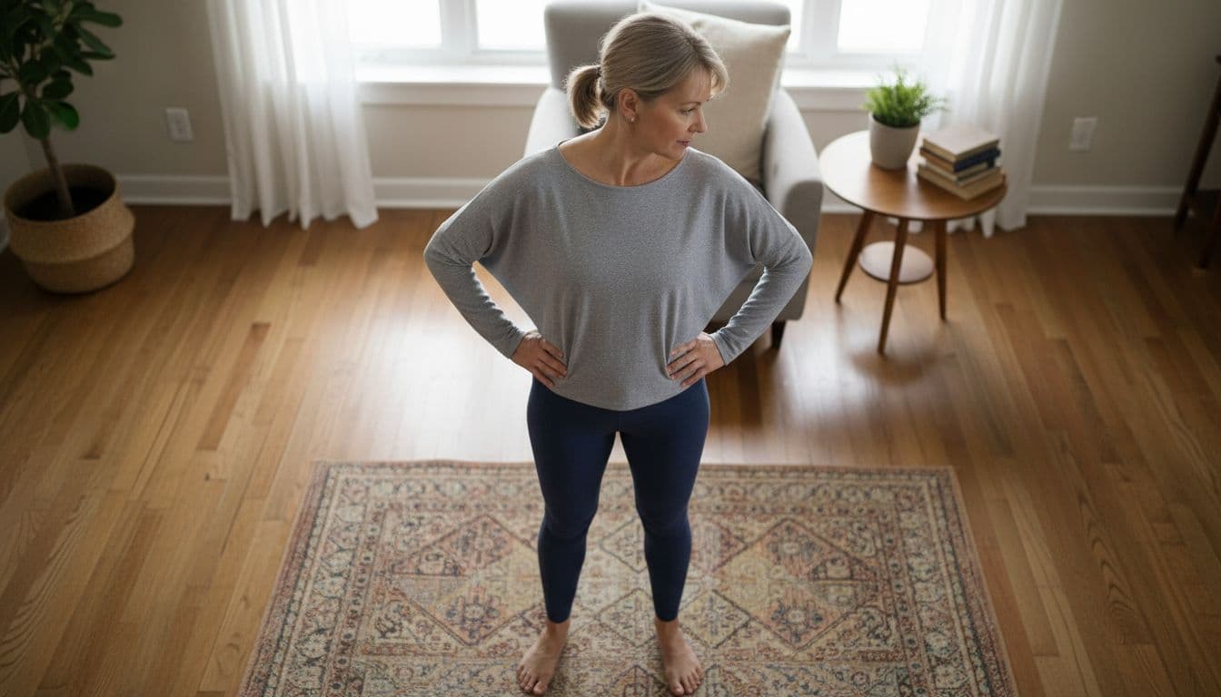 A middle-aged woman performs a spinal rotation exercise in a cozy living room, hands on hips, upper body twisted to the side, legs firm on the floor, viewed from above with natural light in realistic style.