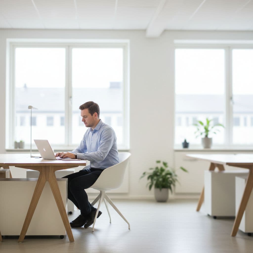 Single employee sits at desk with laptop in bright modern Danish office.