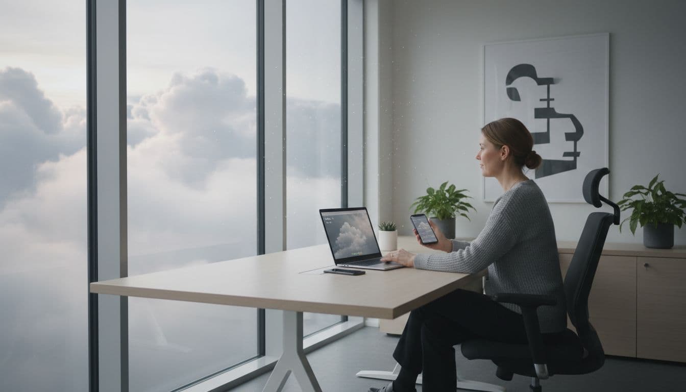 A modern Danish SMB office featuring one employee working on a laptop and mobile phone, gazing at a cloudy sky through the window symbolizing cloud backup, with natural light creating a professional and calm atmosphere.