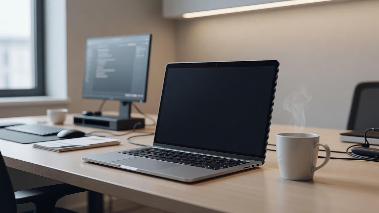 A clean silver laptop sits centered on a minimalist desk next to a warm cup of coffee. The bright workspace is bathed in natural light, creating a focused and organized environment.