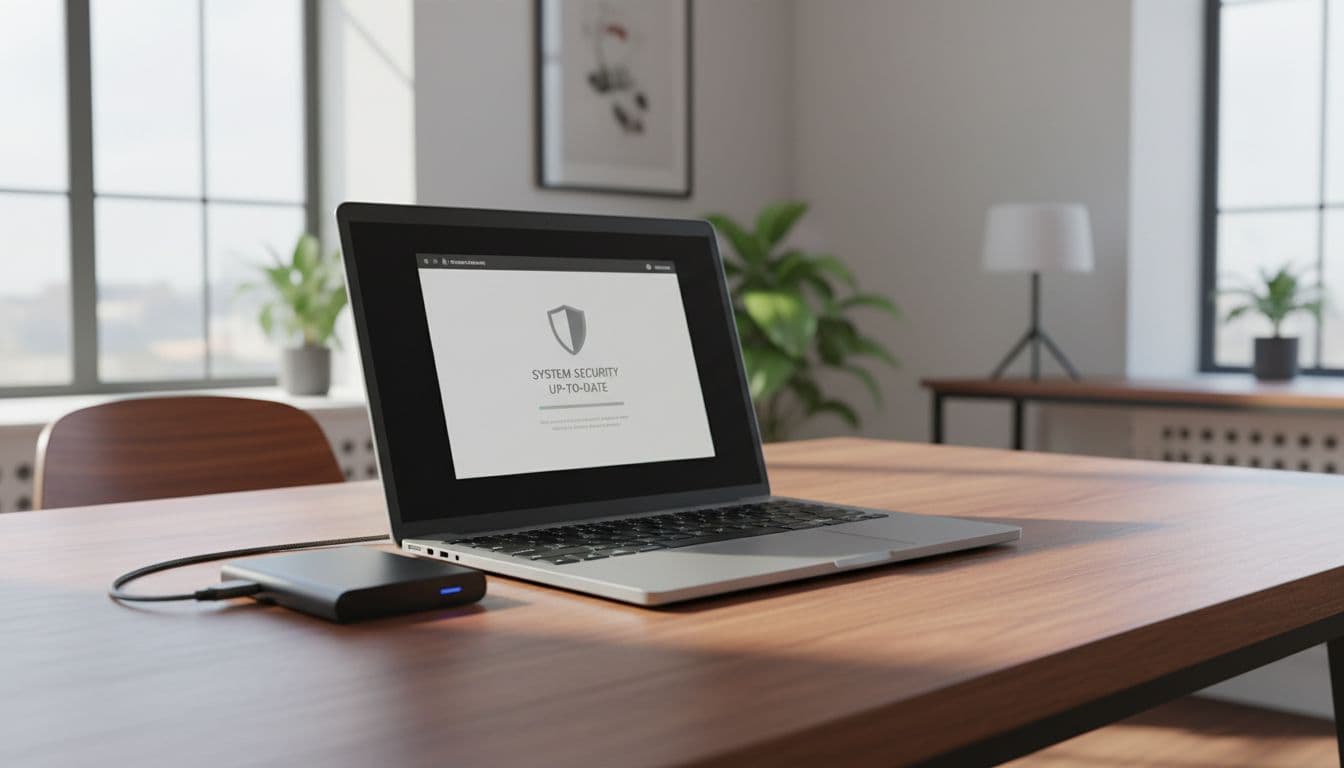A modern laptop on a desk with an open window showing updated security software, next to a backup external hard disk, in natural daylight. Realistic photo featuring only the laptop and disk, no people or screen text.