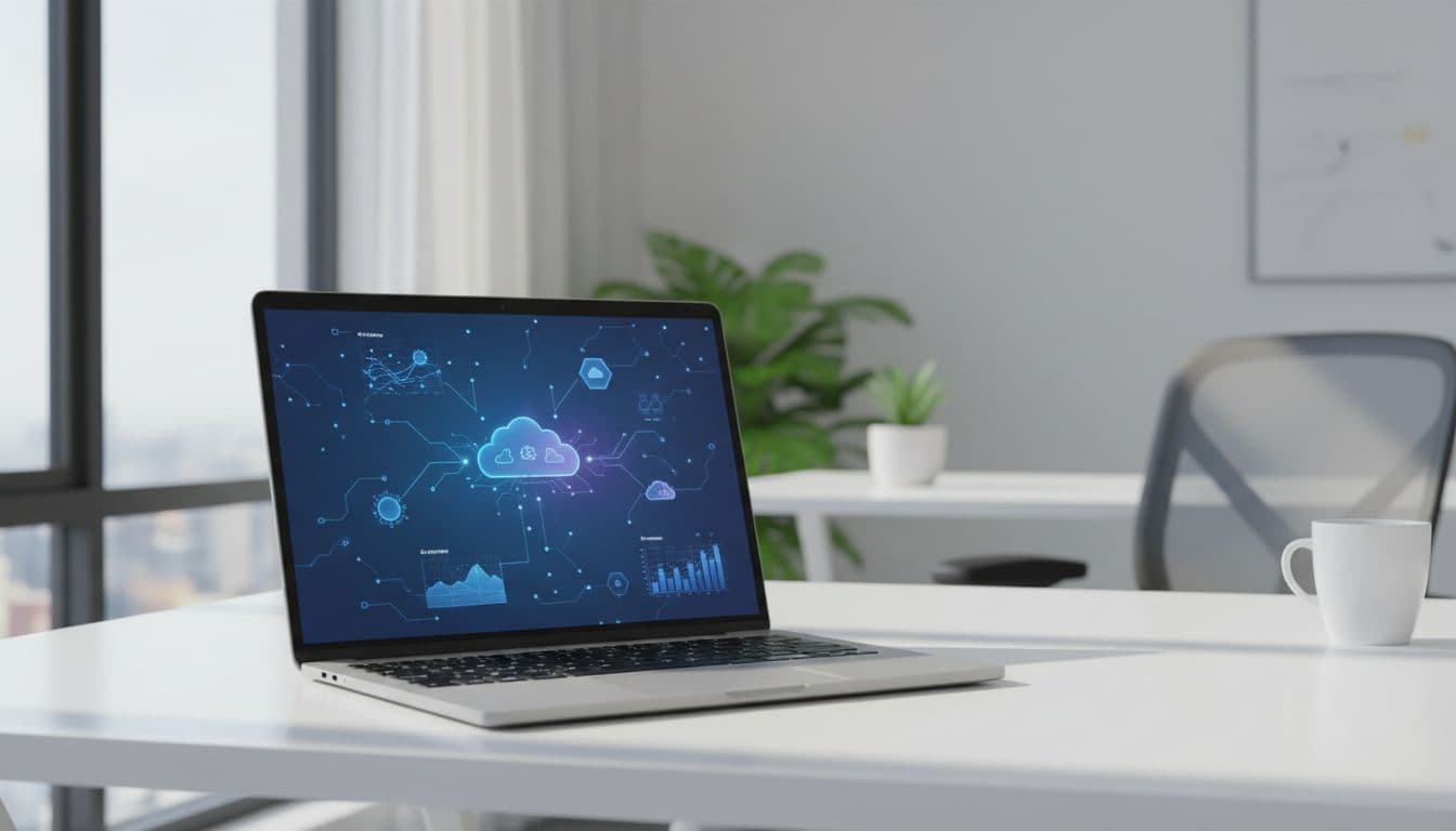 Tidy office desk with laptop showing abstract cloud data dashboard in daylight.