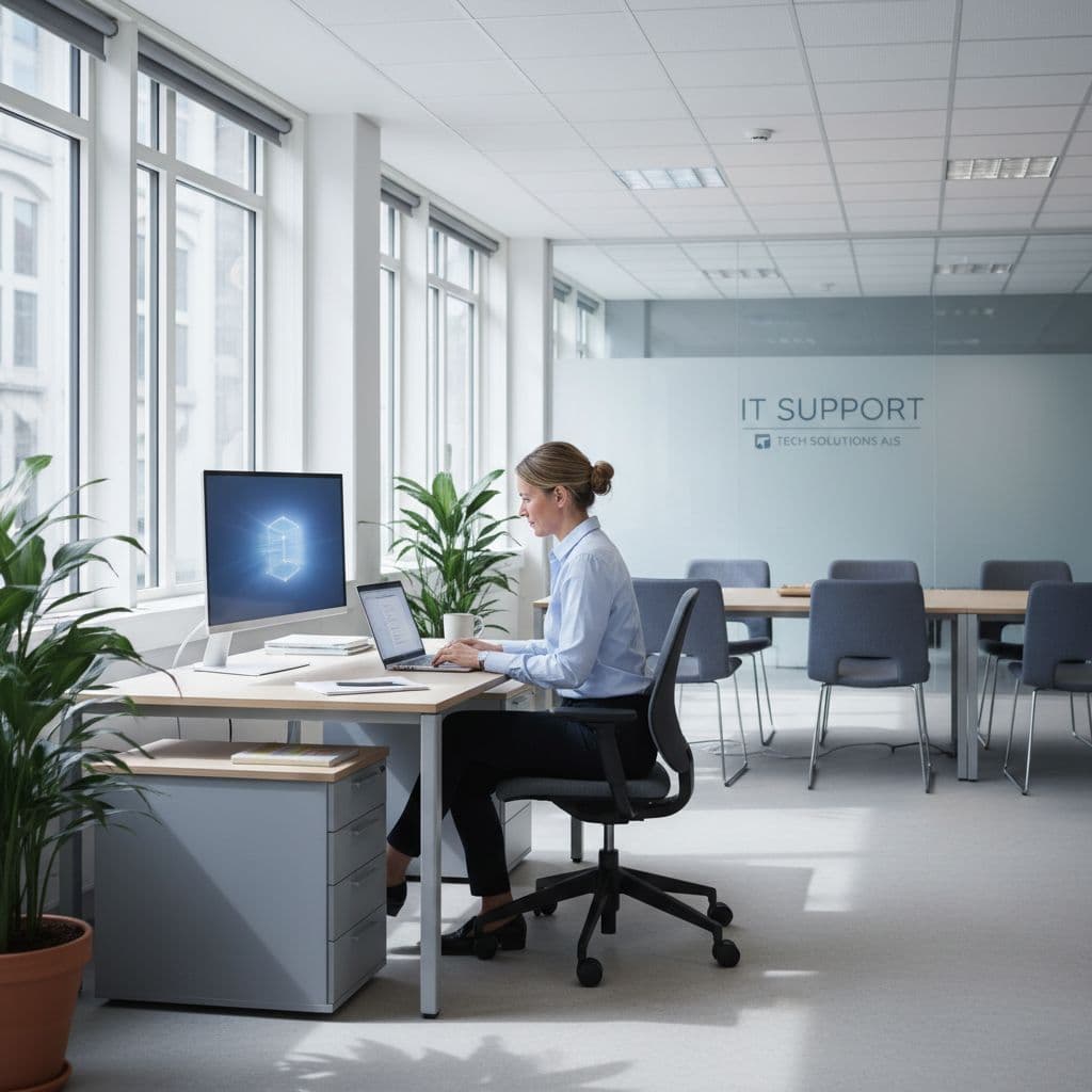 Employee sits at desk with laptop in bright modern office with natural light.
