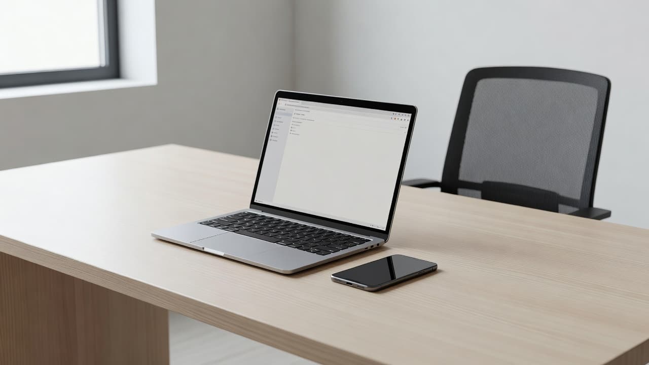 A clean, minimalist desk surface displays a sleek laptop paired with a modern smartphone under soft, natural window light. The organized setup reflects a stable and efficient professional computing environment.