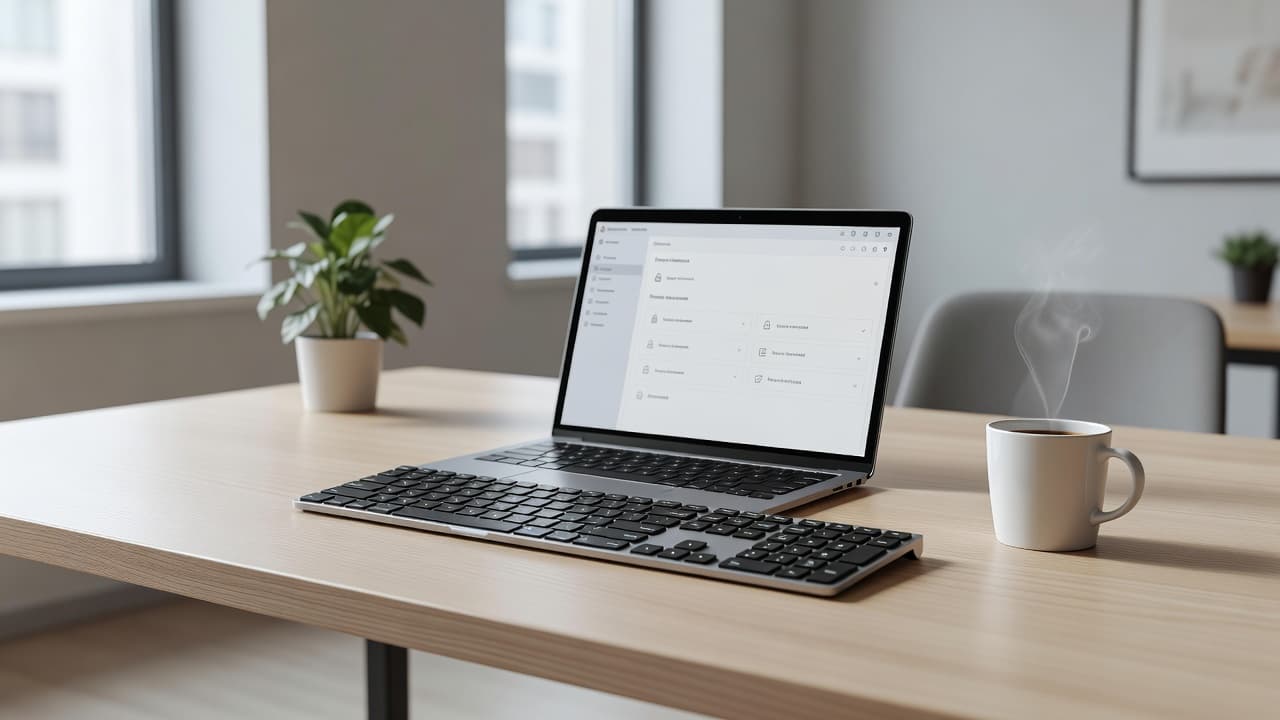 A sleek silver laptop sits beside an ergonomic keyboard and a steaming coffee mug on a clean white desk. Natural daylight illuminates the organized workspace, highlighting professional equipment for business operations.