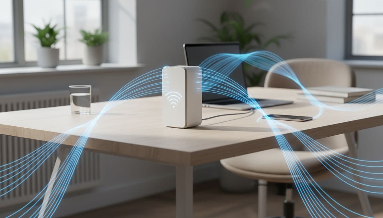 A modern WiFi router on a desk in a home office with visualized WiFi signal waves, connected laptop and smartphone in the background, natural daylight from window.