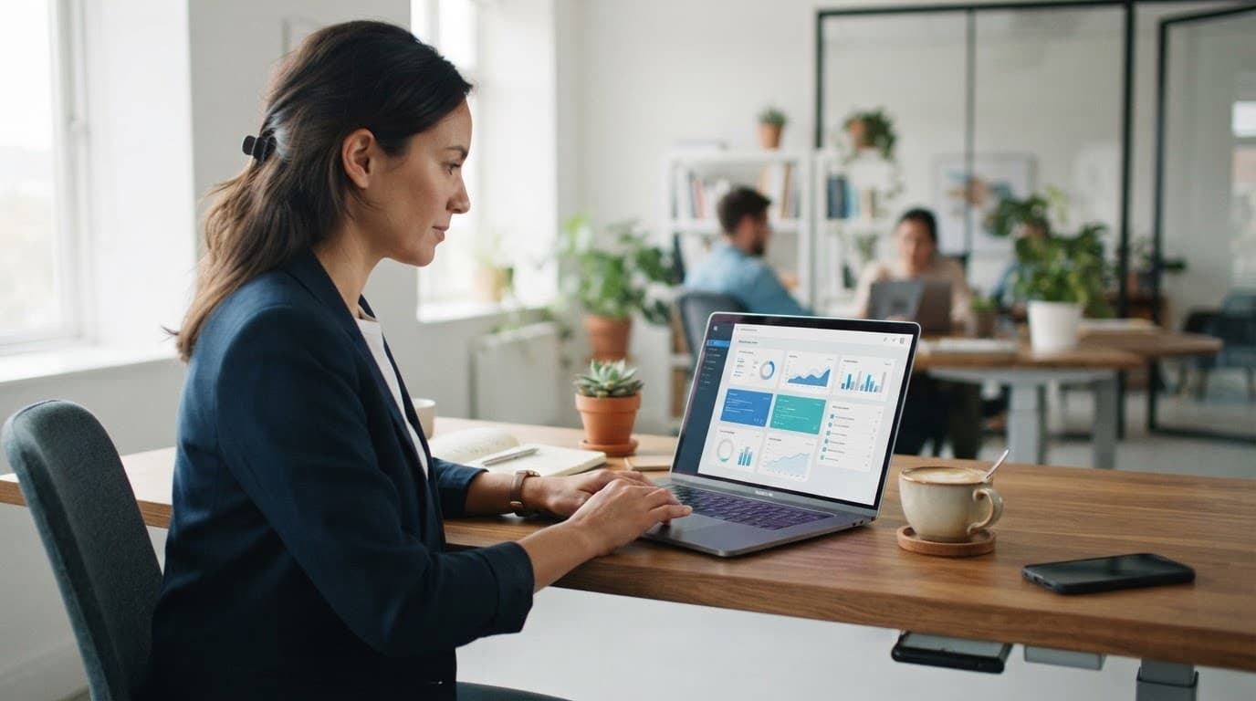 En person arbejder ved en bærbar computer med kaffe i blødt dagslys.