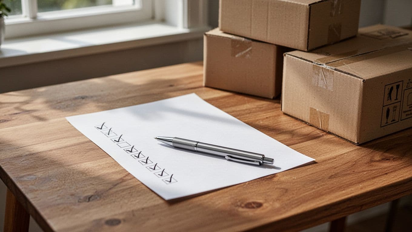 A realistic photo of a printed checklist on paper with checkmarks, a pen, and moving boxes on a desk in a Danish home, soft light from a window, no readable text or people.