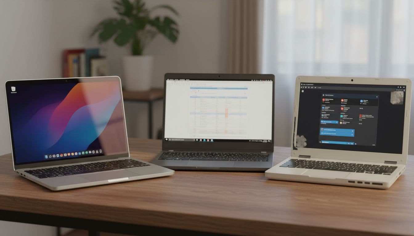 Three laptops side by side on a wooden desk: new premium glossy model on the left, used mid-range with light wear in the middle, repaired older budget model on the right, under soft natural lighting in a realistic still life photo.