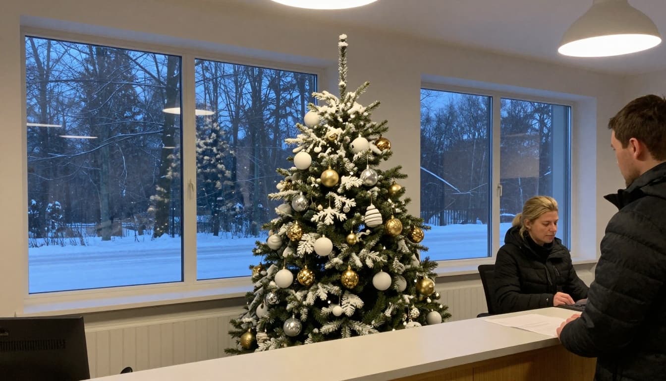 Aftenstemning i reception med varmt oplyst juletræ