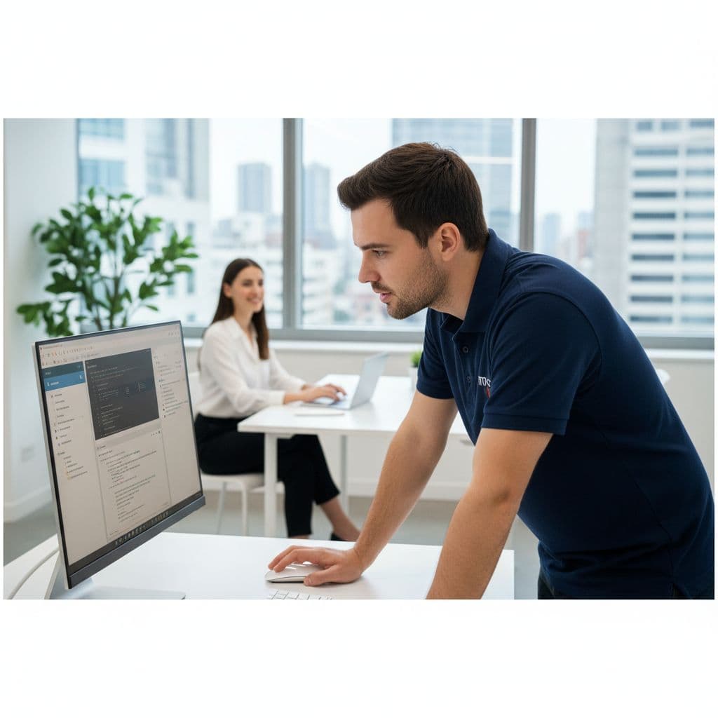 Employee works on laptop at desk while IT technician operates computer in modern office background.