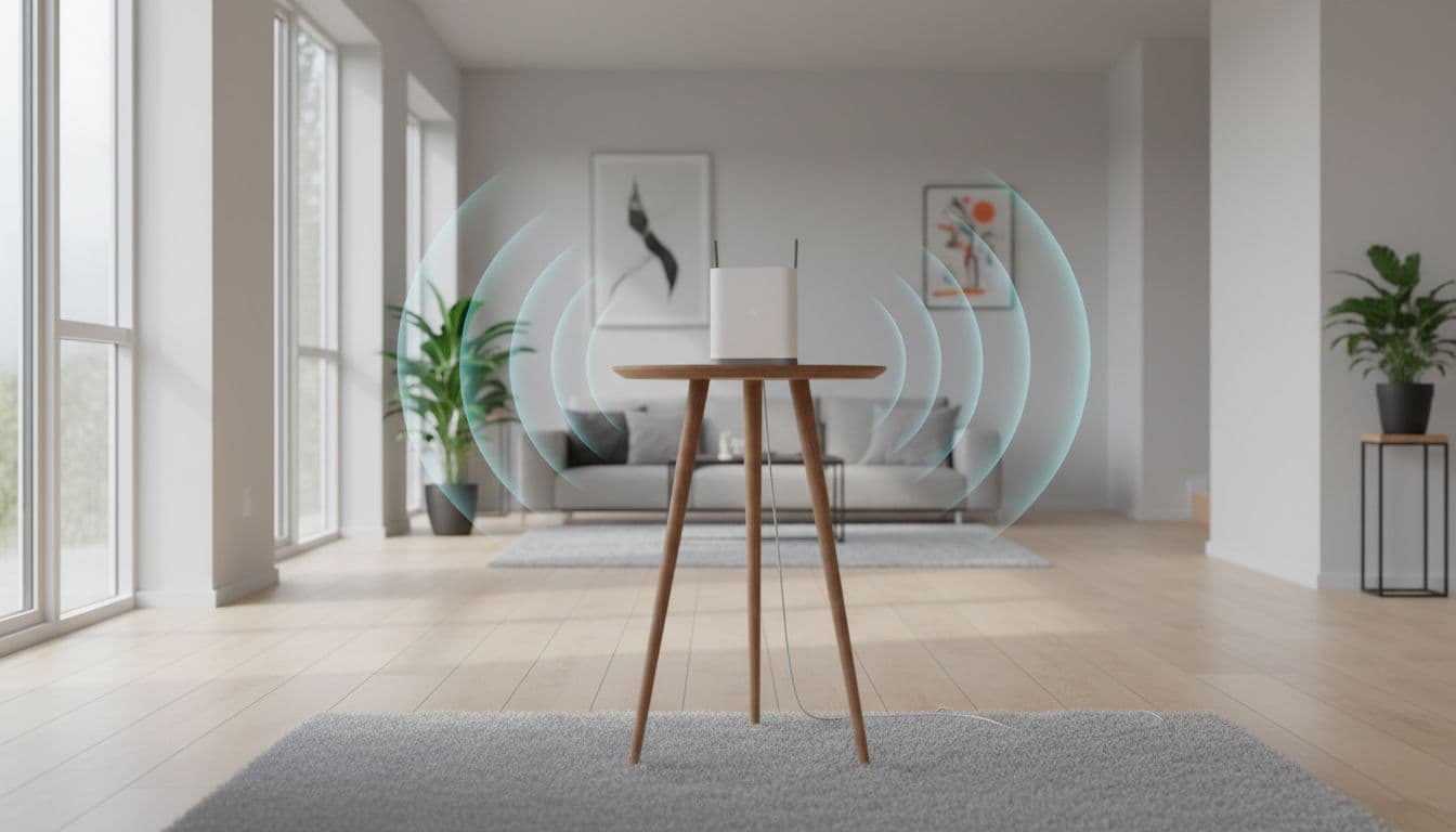 A WiFi router is placed centrally on a high table in a Danish living room, free from walls and furniture, with good coverage visualized by faint emanating waves under natural light. Realistic photo with no people, text, or visible cables except power cord.