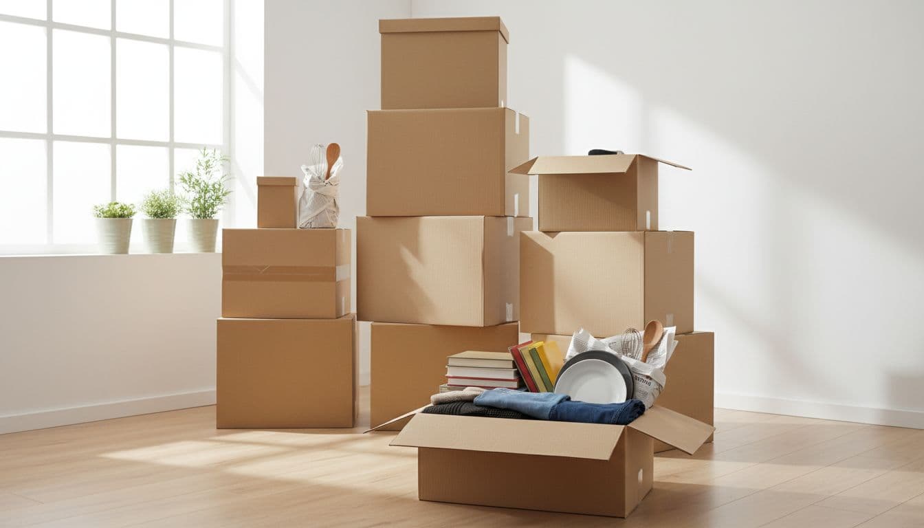 An organized stack of moving boxes in a bright living room, one box open revealing neatly packed clothes, books, and kitchen essentials like plates wrapped in paper, lit by natural daylight from a window.