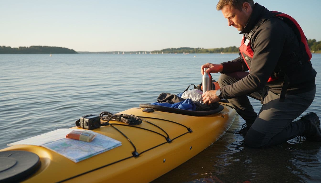 Person packs clothes and water bottle into kayak in Roskilde Havn on sunny day with fjord view.