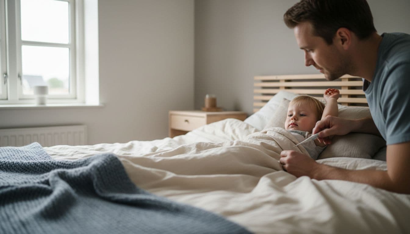 A caring parent gently takes the temperature of a young child with a thermometer under the arm, in a cozy Danish home with minimalistic Scandinavian interior and soft natural light.