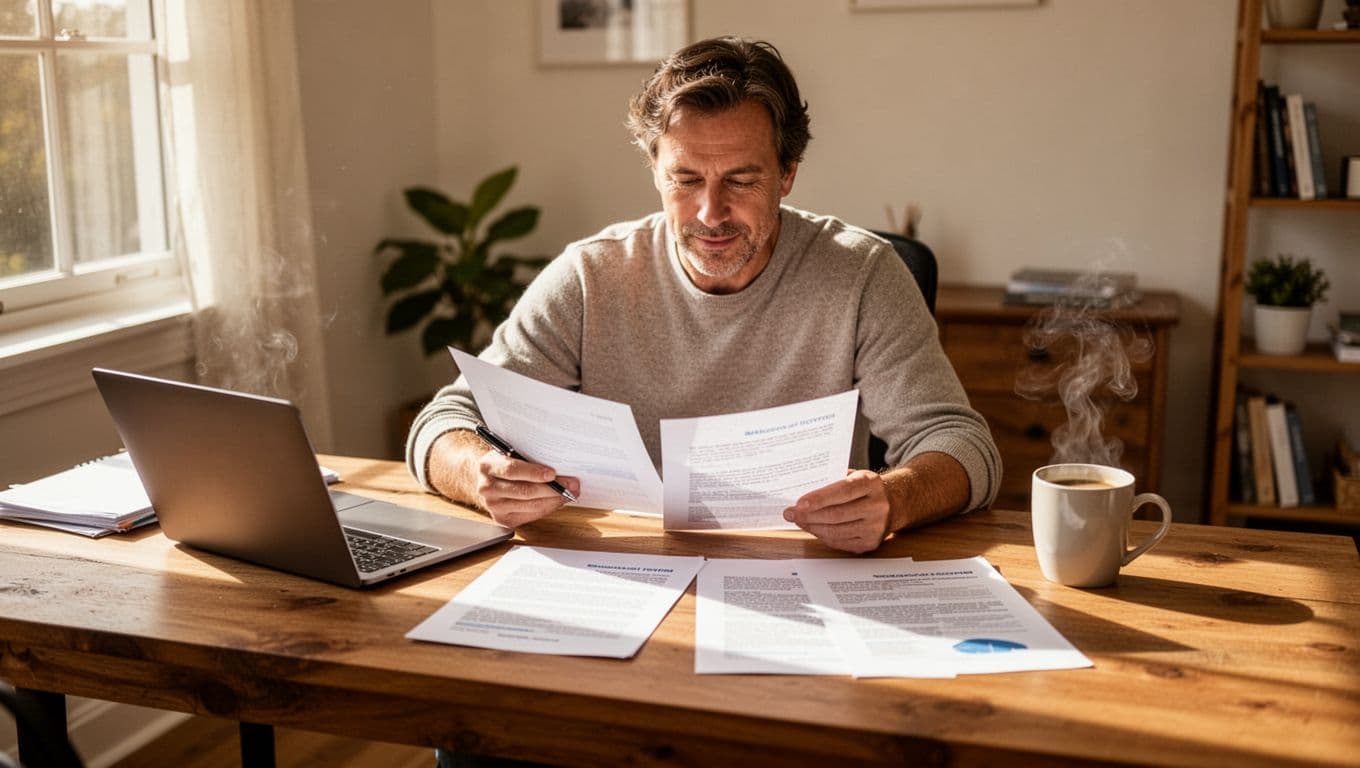 A person sits at a wooden table in a bright home office, intently comparing three printed moving quotes on paper next to a laptop and a cup of coffee, holding a pen and bathed in natural daylight from a window.