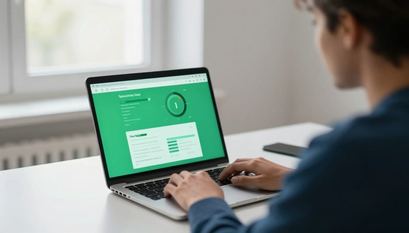 Person der tester internethastighed på en laptop i et hjemmekontor