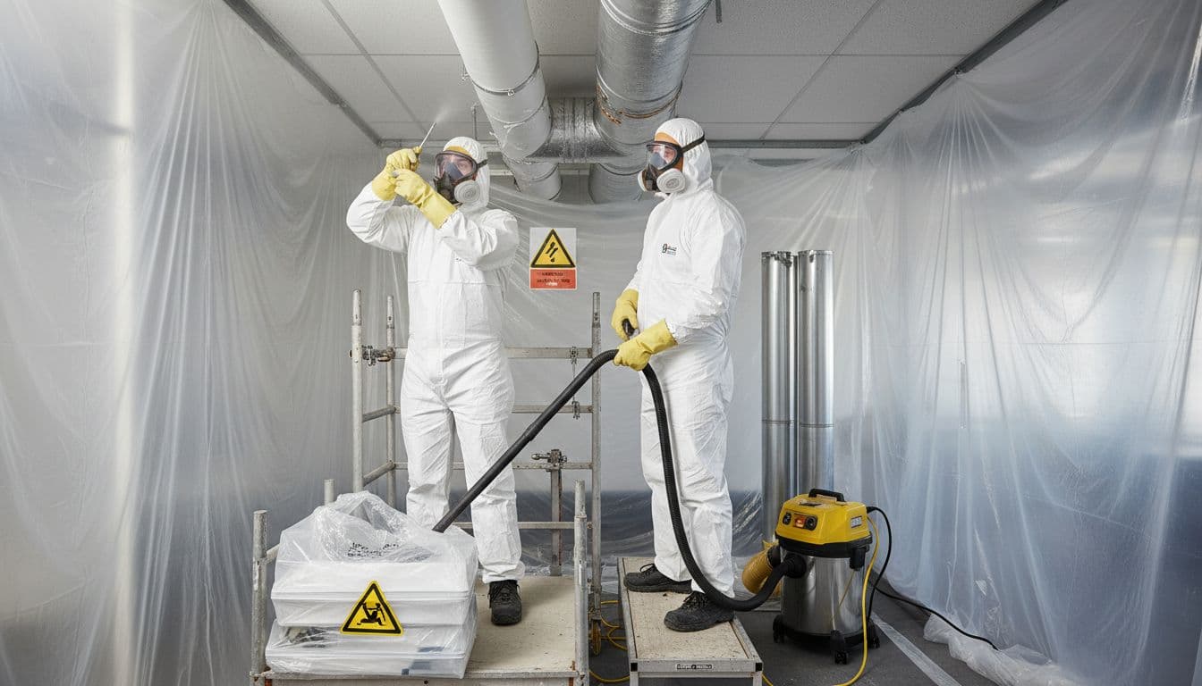 To professionelle sanerere udskifter gamle ventilationsrør med fuld afskærmning og PPE