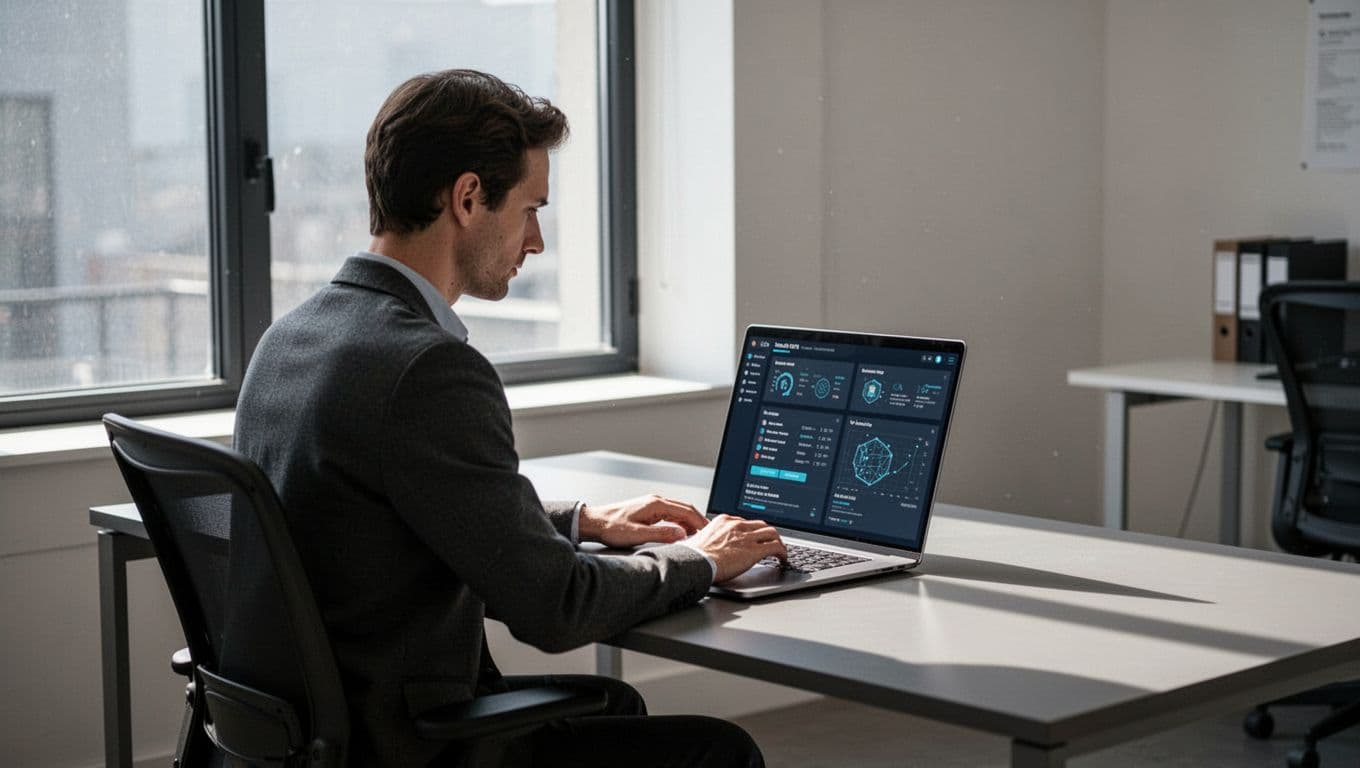 A professional employee in a modern Danish office monitors a cybersecurity dashboard on a laptop, with natural light from the window creating a calm, minimalist work atmosphere.