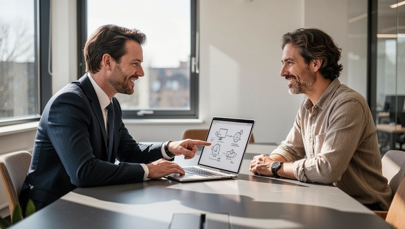 En professionel IT-konsulent i forretningst&oslash;j sidder ved et m&oslash;debord med en sm&aring;virksomhedsleder i et moderne dansk kontor og diskuterer venligt, mens de peger p&aring; simple diagrammer p&aring; en laptopsk&aelig;rm.