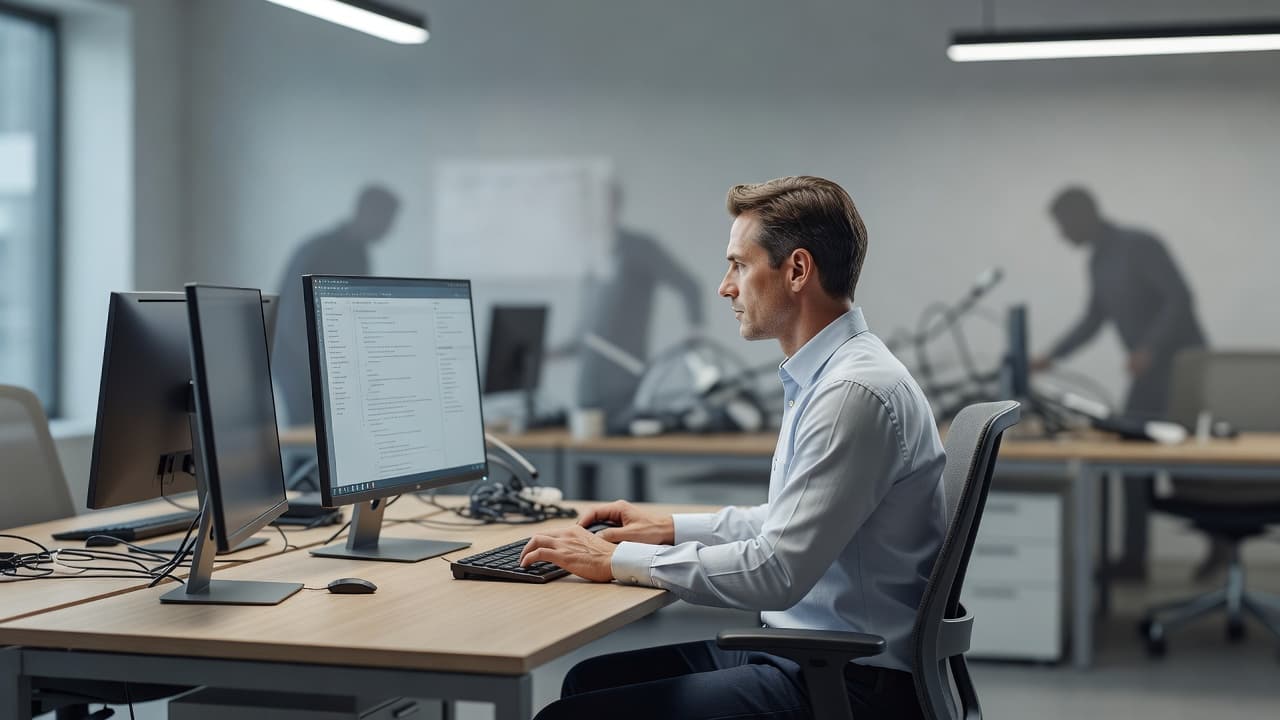 A focused employee works at a clean, modern desk with a computer monitor. The background features a soft, professional blur, highlighting a structured and efficient workspace environment for technical service tasks.