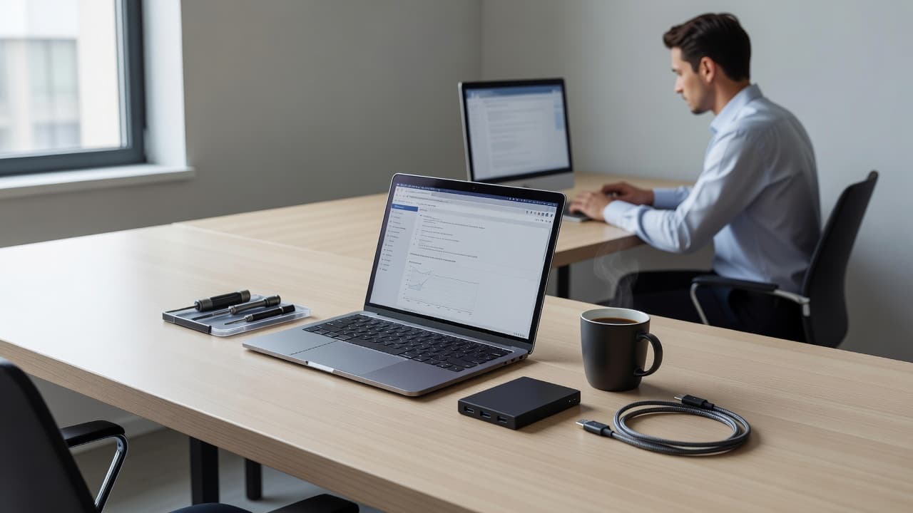 A clean desk holds a high-end laptop and a steaming coffee cup while a dedicated professional works in the blurred background. Sunlight illuminates the sleek, organized tech setup near a window.