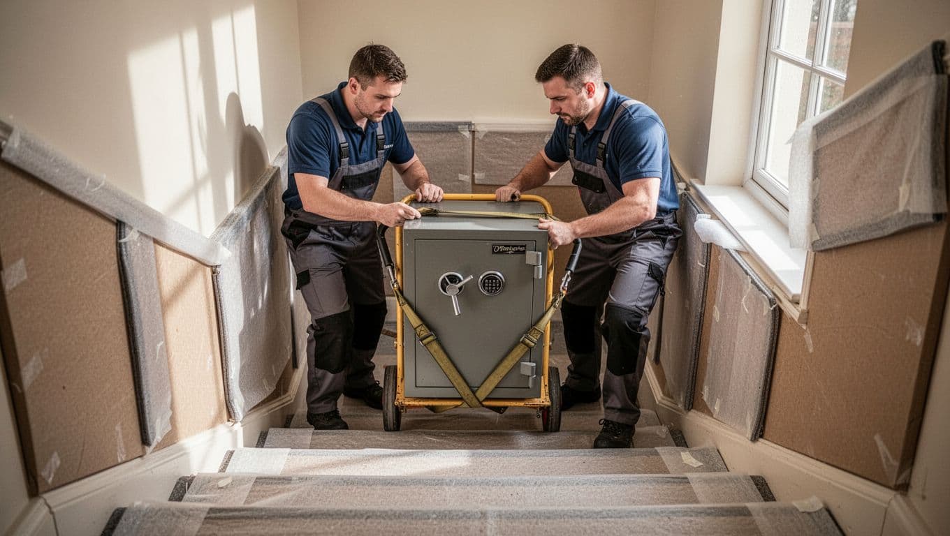 Two professional movers safely transport a heavy metal safe down a staircase using a sack truck and lifting straps, with protective pads on walls and floors under soft indoor lighting.