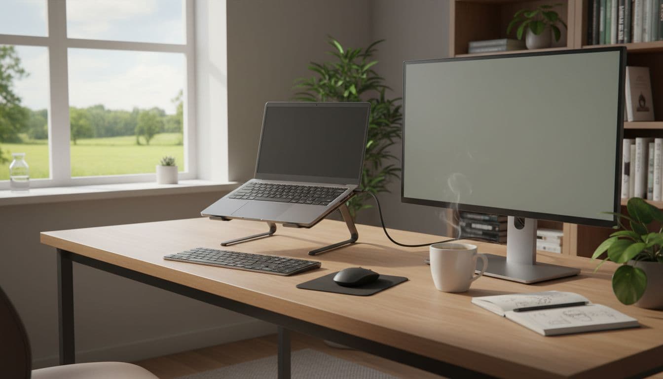 Realistic scene of a refurbished laptop on a home office desk in Denmark, connected to a large external monitor via HDMI, accompanied by wireless keyboard, mouse, coffee cup, and notes, bathed in natural daylight from a window with a green view.