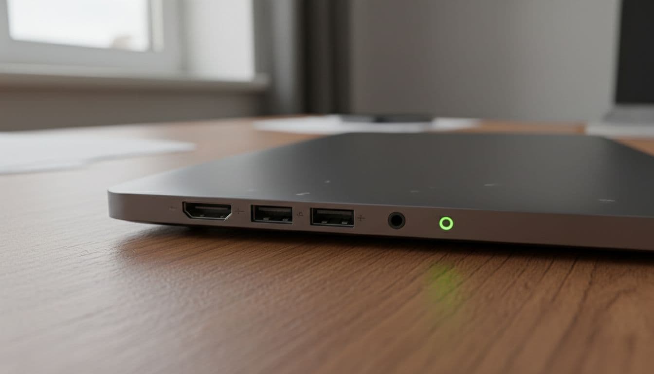 Close-up of a refurbished laptop's back and sides displaying HDMI, two USB-A, USB-C, 3.5mm audio jack, power port, and green battery status LED on a wooden home office desk with soft natural lighting and sharp focus on ports.