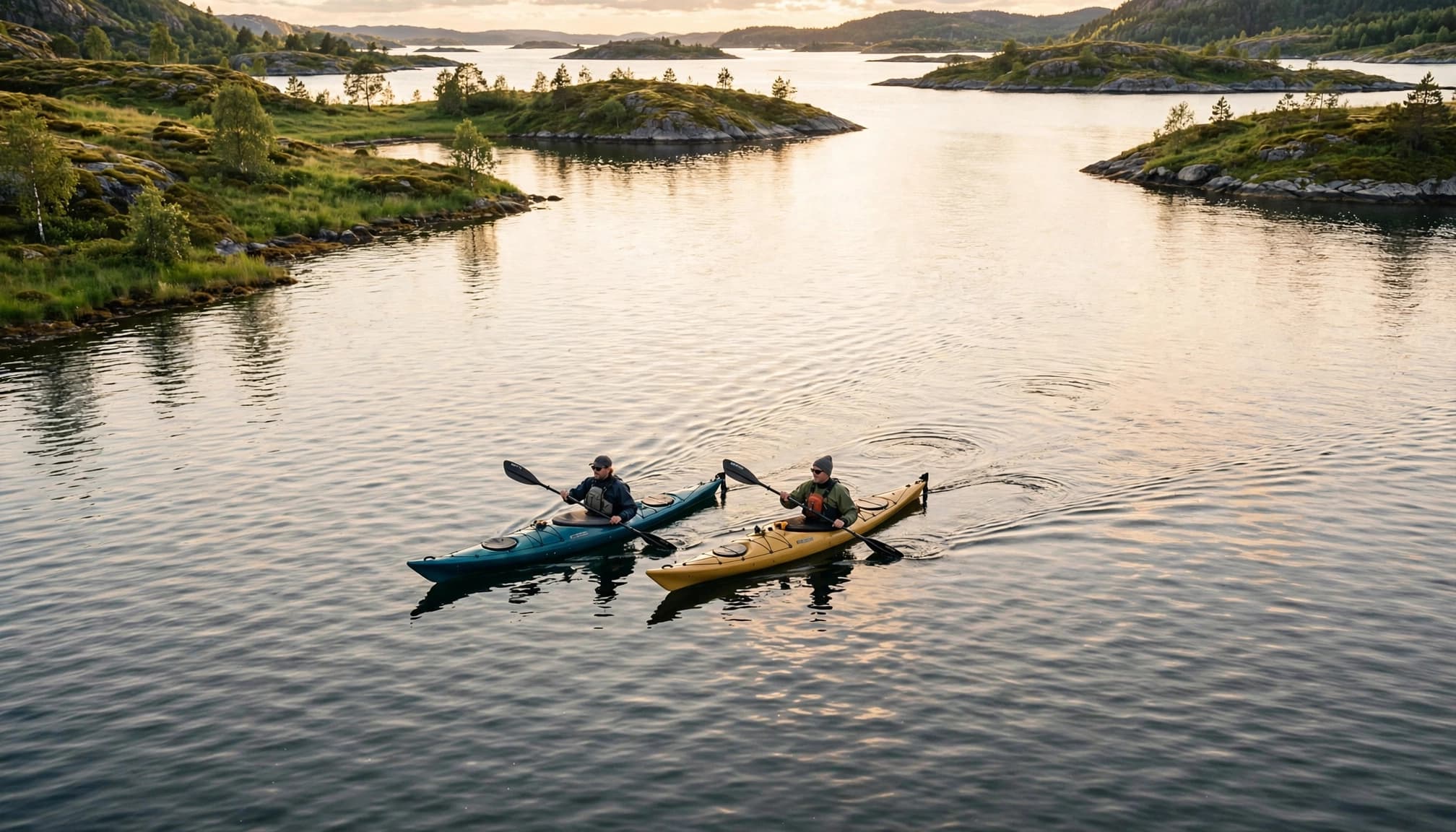 To kajakroere padler side om side på stille vand med grønne kyster og små øer.