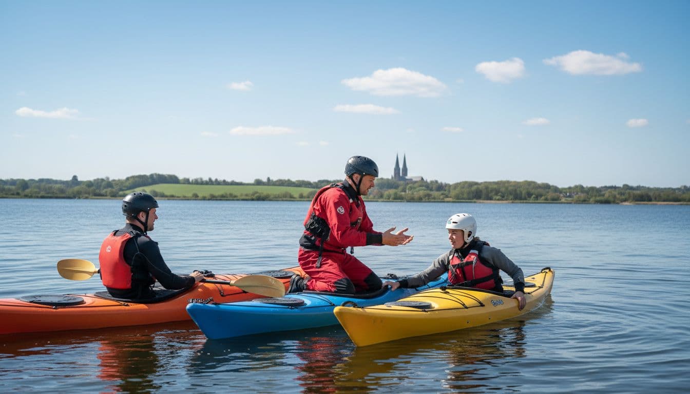 Instructor shows rescue technique to two paddlers on kayaks in sunny Roskilde Fjord.