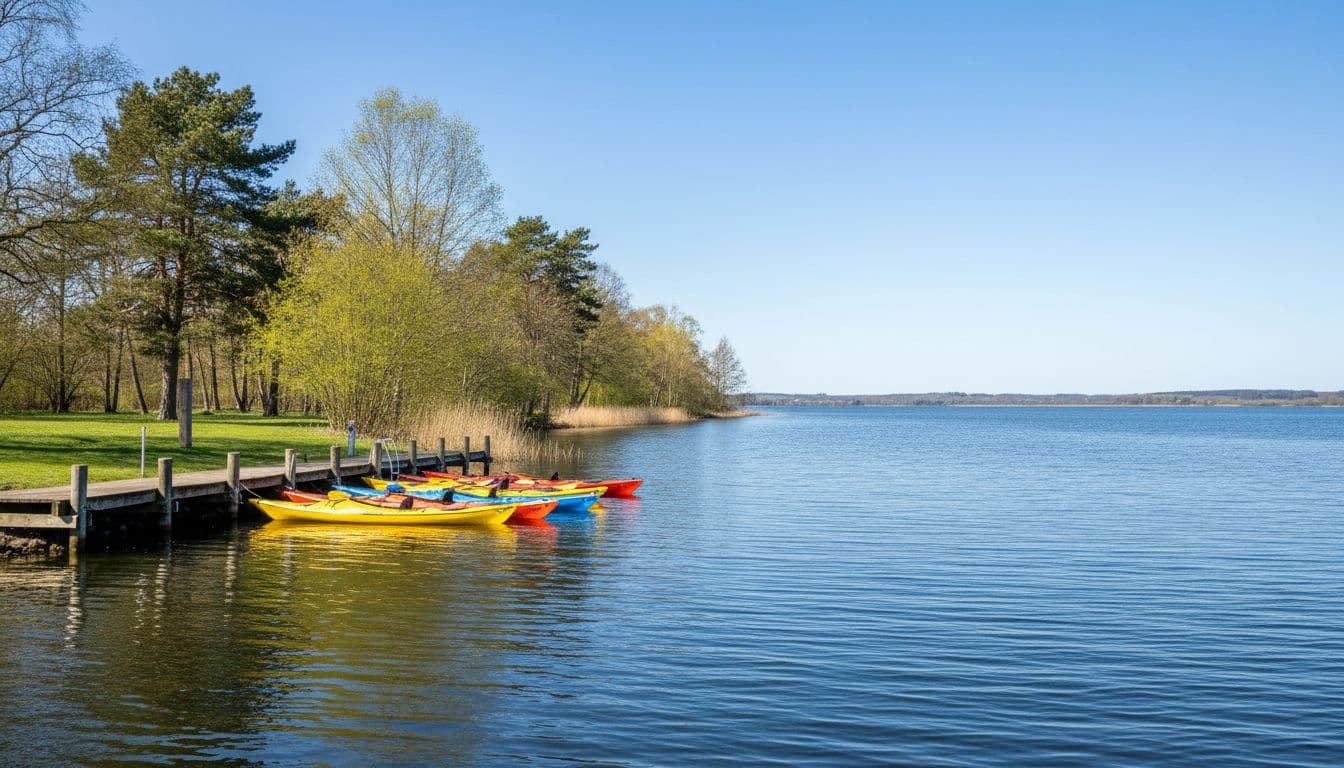 Roskilde Havn set fra vandet med kajakker fortøjet ved bryggen og Roskilde Fjord i baggrunden under klar blå himmel og spirende grønne træer.