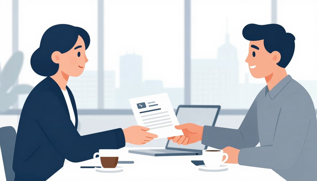Clean Scandinavian-style illustration depicting two professionals in a casual meeting in a bright modern Danish office, one handing a document to a stakeholder with smiles and a handshake gesture, coffee cups on table, blurred laptop, and Copenhagen skyline view through window.