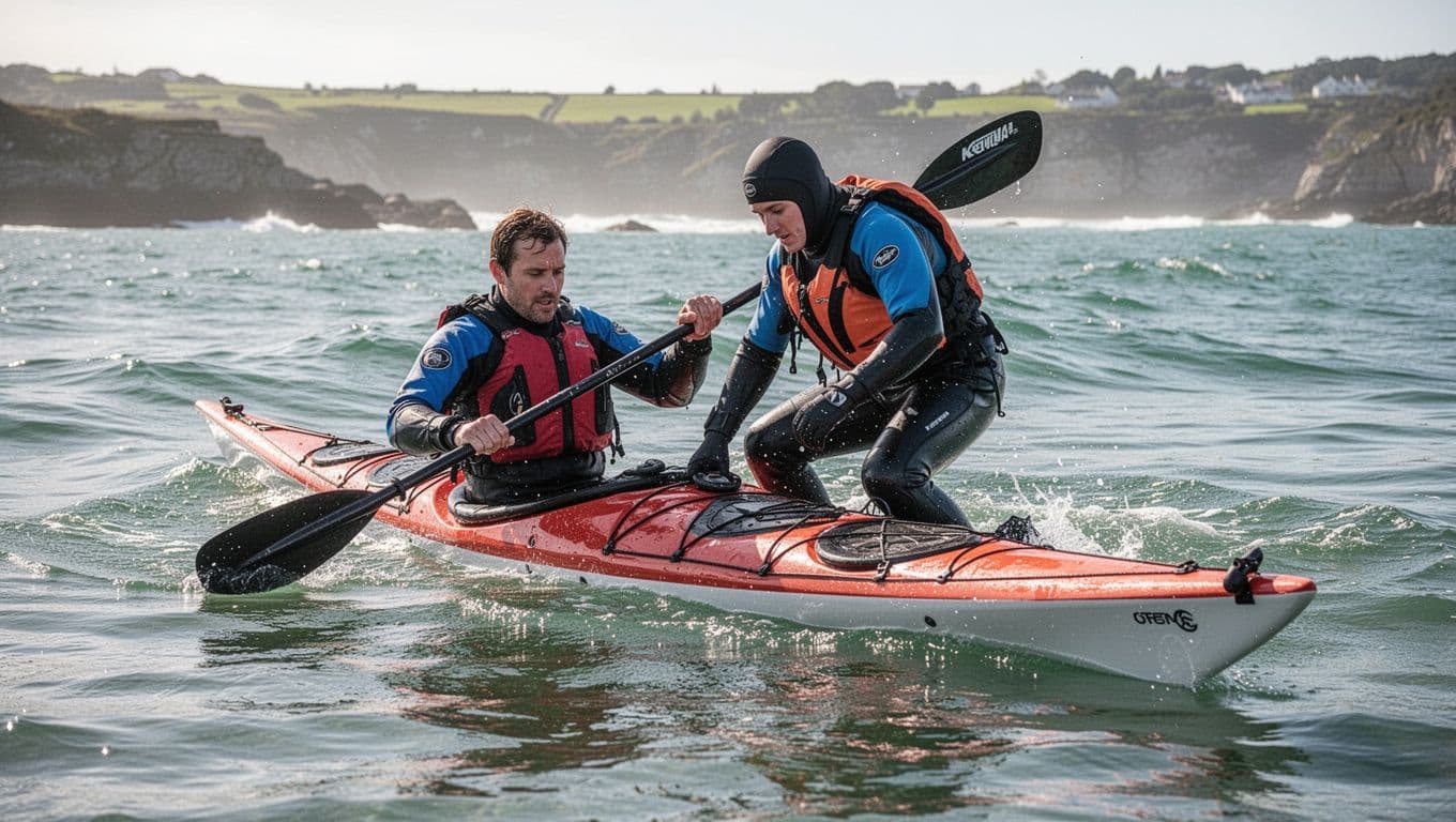 Two sea kayakers perform buddy rescue on lightly wavy open water near the coast: one stabilizes the other kayak with a paddle, the other crawls over, both in life vests and wetsuits, sunny daylight, realistic photo.