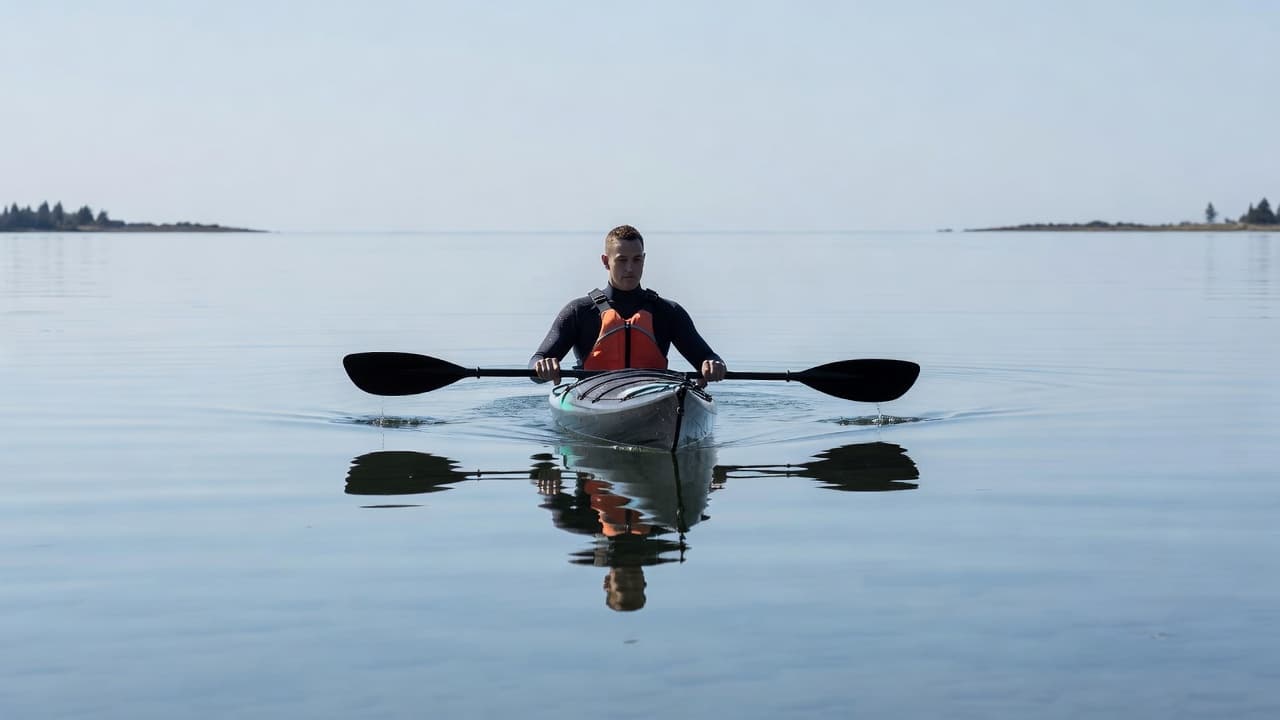 A kayaker skillfully tilts their vessel on calm, clear water, demonstrating proper weight distribution across the hips. The calm day highlights a relaxed upper body and precise control during the maneuver.
