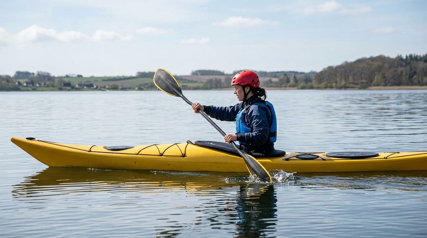 Side profile view of a single adult paddler performing a forward paddle stroke with proper technique, featuring relaxed shoulders and torso rotation on calm flat water in Roskilde Fjord.