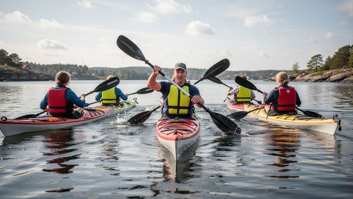 Group of four participants in sea kayaks on a calm Danish fjord, with instructor ahead showing correct forward stroke technique using euroblade paddle; all in life jackets, sunny afternoon light, realistic wide-angle photo.