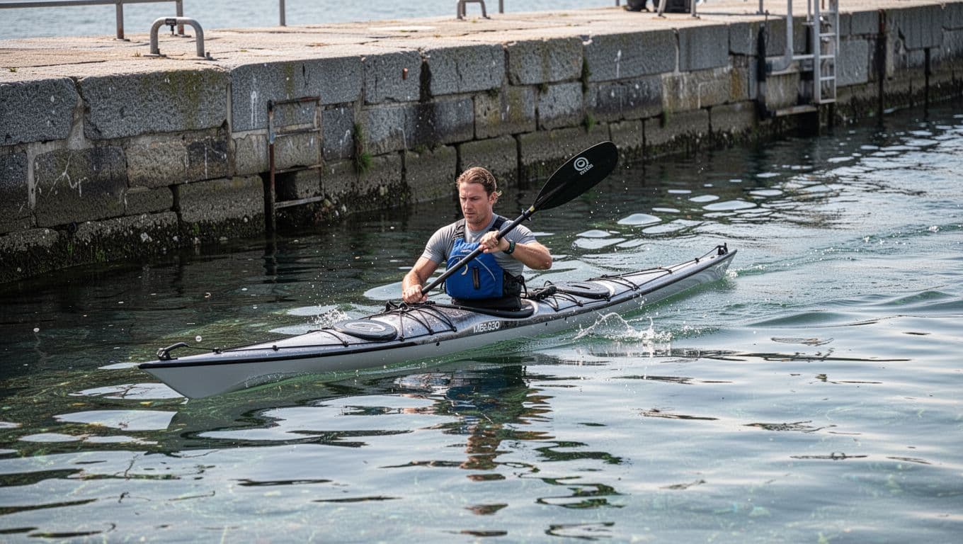 A focused kayaker performs a precise reverse paddle stroke alongside a weathered stone pier. Crystal clear water surrounds the professional craft as the paddler concentrates on their rhythmic, calm technique.