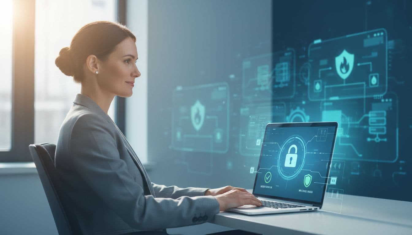 A single professional sitting relaxed at a laptop in a modern office depicting a secure cloud environment, with screen showing lock icons, green backup status, and MFA checks, blue tones for trust, network symbols in background.