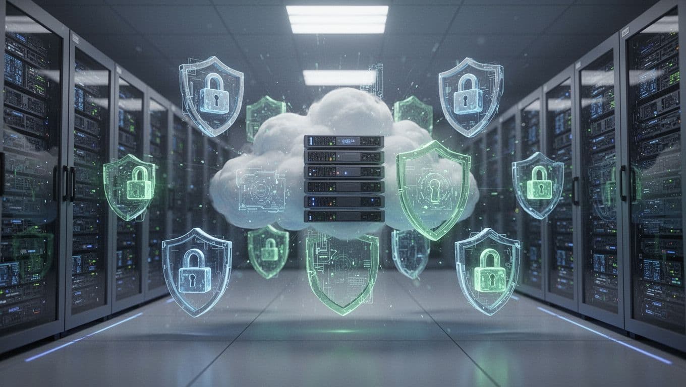 Abstrakt illustration af cloud-servere med skjolde og låse i blå og grønne toner, der viser højteknologisk sikkerhed og stabilitet i datacenter-miljø.