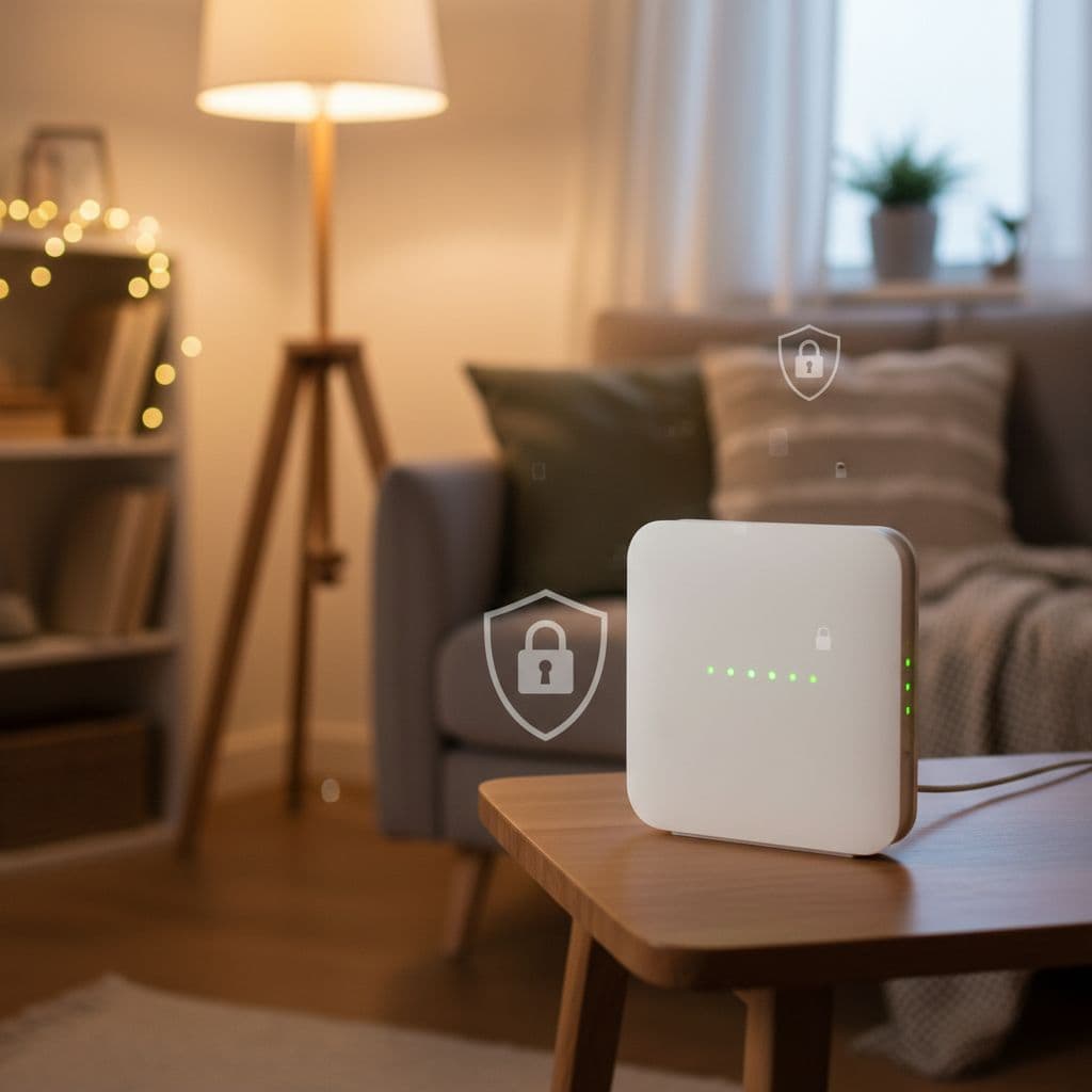 Close-up of a modern WiFi router with green lights on, placed in a cozy living room with faint security symbols like lock and shield overlaid.