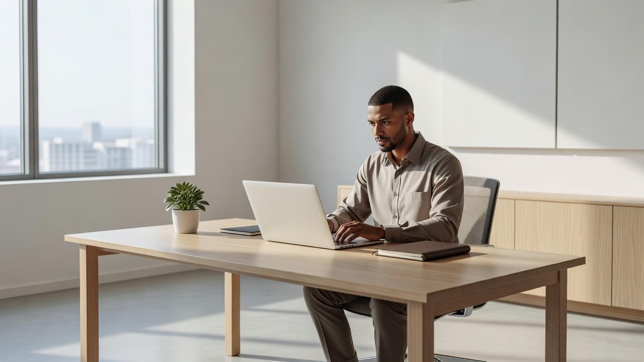 A focused individual works diligently at a clean desk featuring a laptop and small potted plant. Warm natural sunlight flows from a nearby window, creating a serene and productive atmosphere.