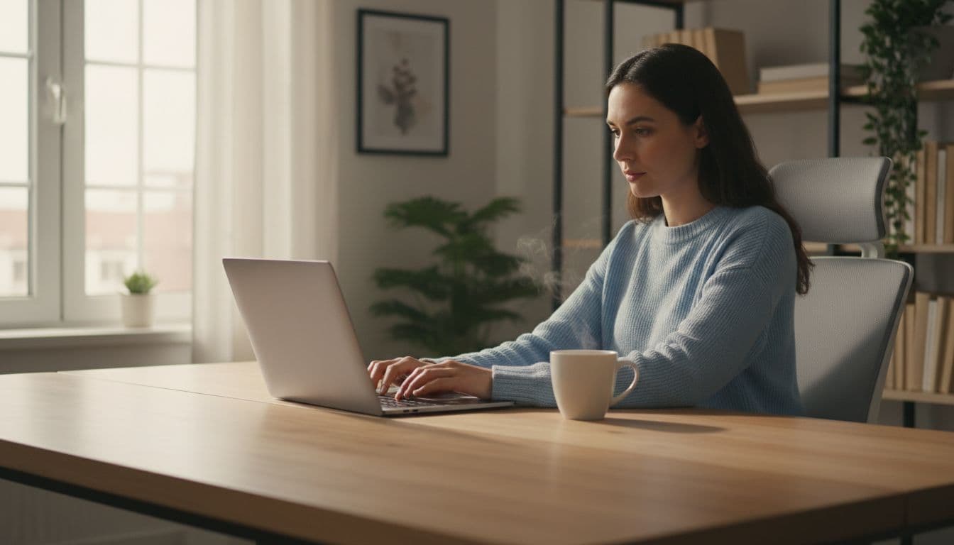 A person sits at a desk in a home office, working calmly on a laptop with cloud access, coffee cup nearby, bathed in natural light. Realistic photo of solo worker, no screen content or extra devices visible.