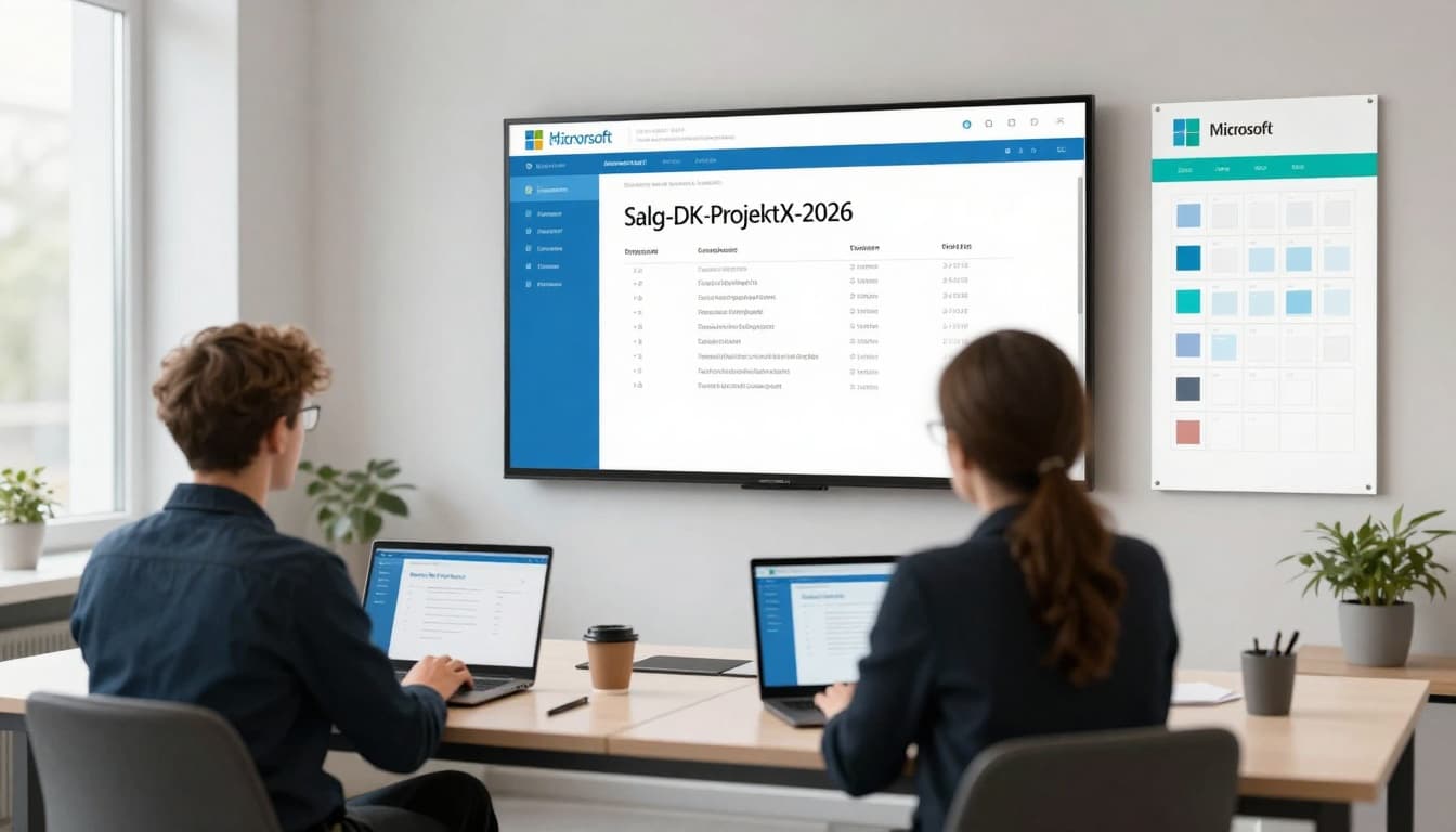 A busy Danish team in a modern Kalundborg-area office handles SharePoint governance: two people at a table with laptops, one displaying a SharePoint site named 'Salg-DK-ProjektX-2026', the other marking owners on a list, with a calendar showing monthly cleanup, coffee cups, and natural light.