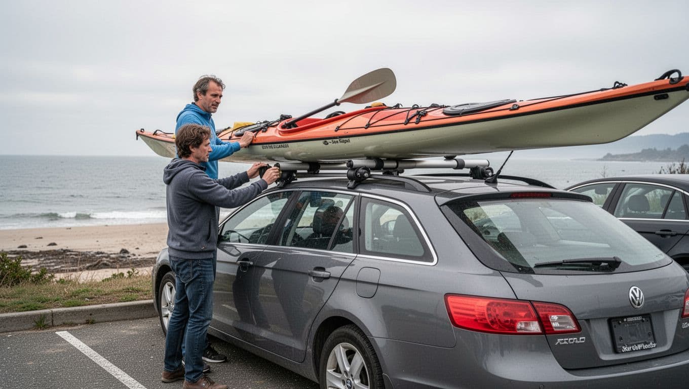 En paddler læsser en havkajak på en bil med lasterulle.