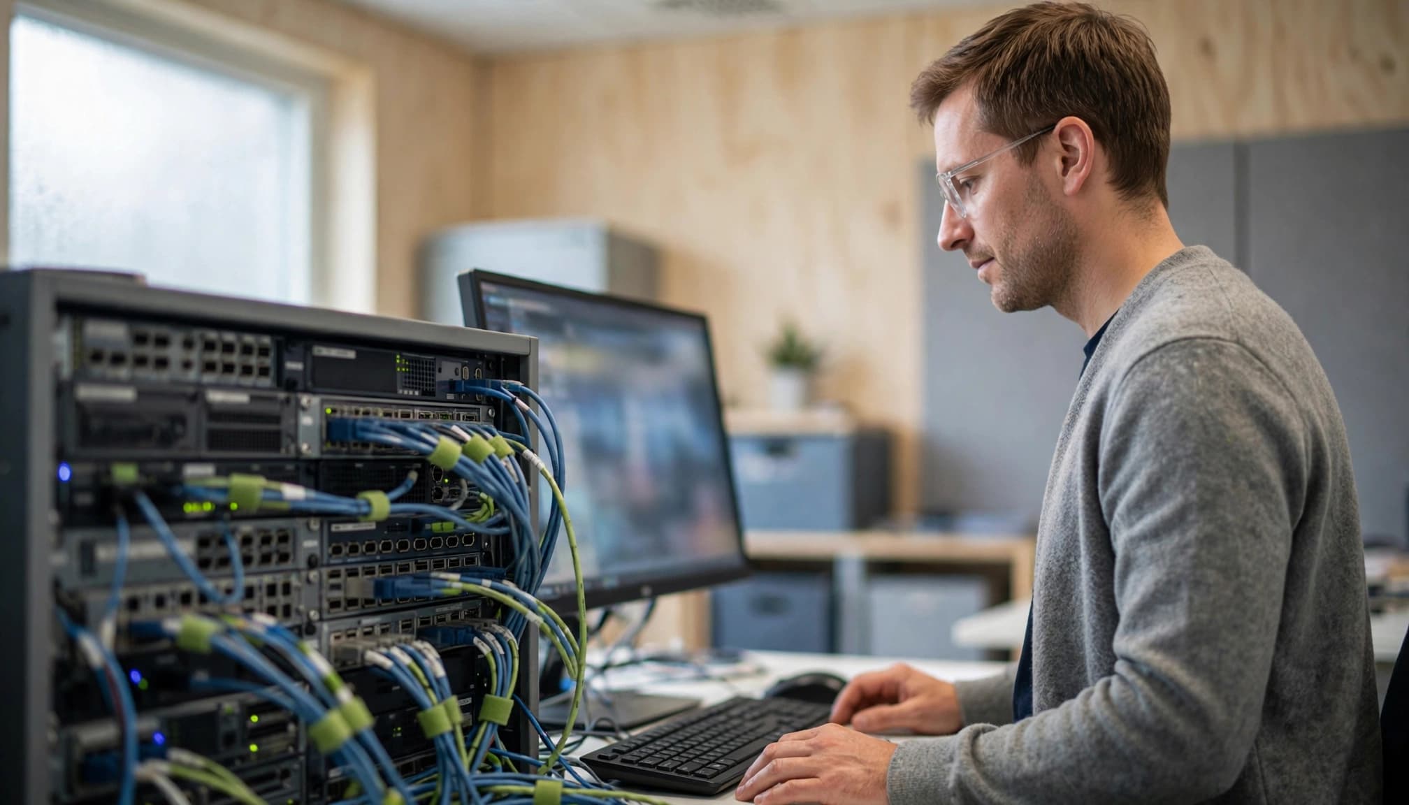 En IT-specialist står ved tastaturet mellem et serverrack og en netværksswitch.