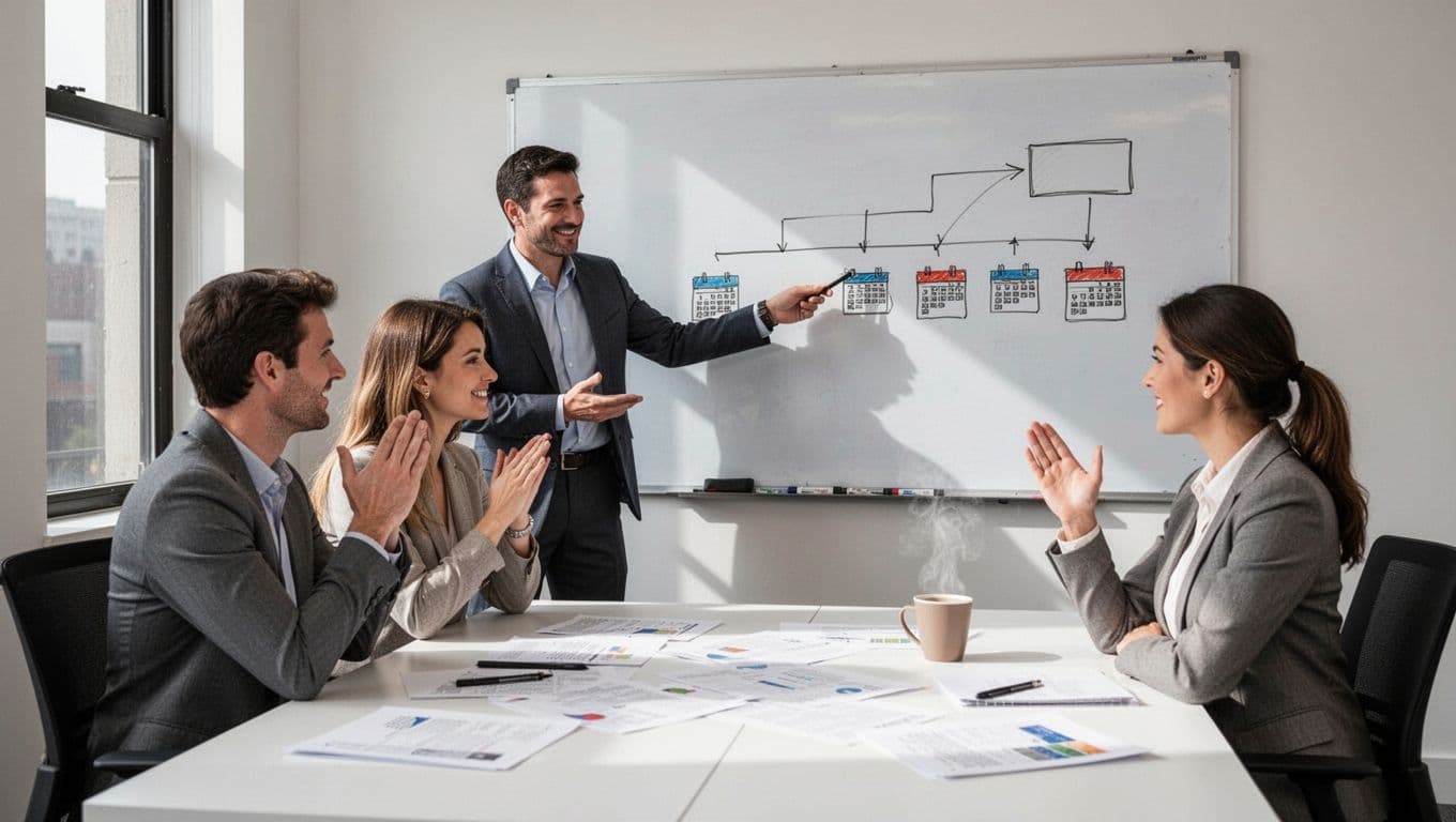 A leader points to a whiteboard showing a simple relocation timeline with box and calendar icons during a meeting with two nodding colleagues in a modern small office, natural daylight, realistic photo.