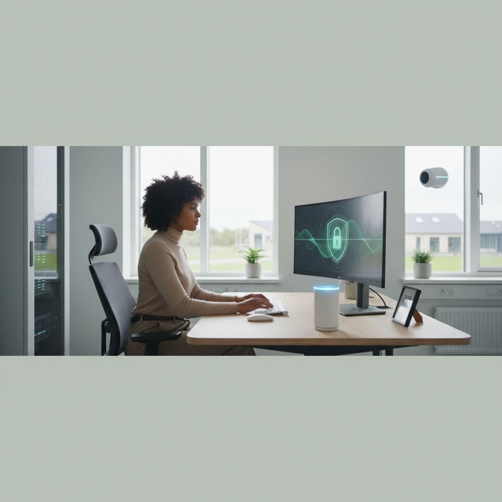 Person works at computer in small Danish office with IT security displays.