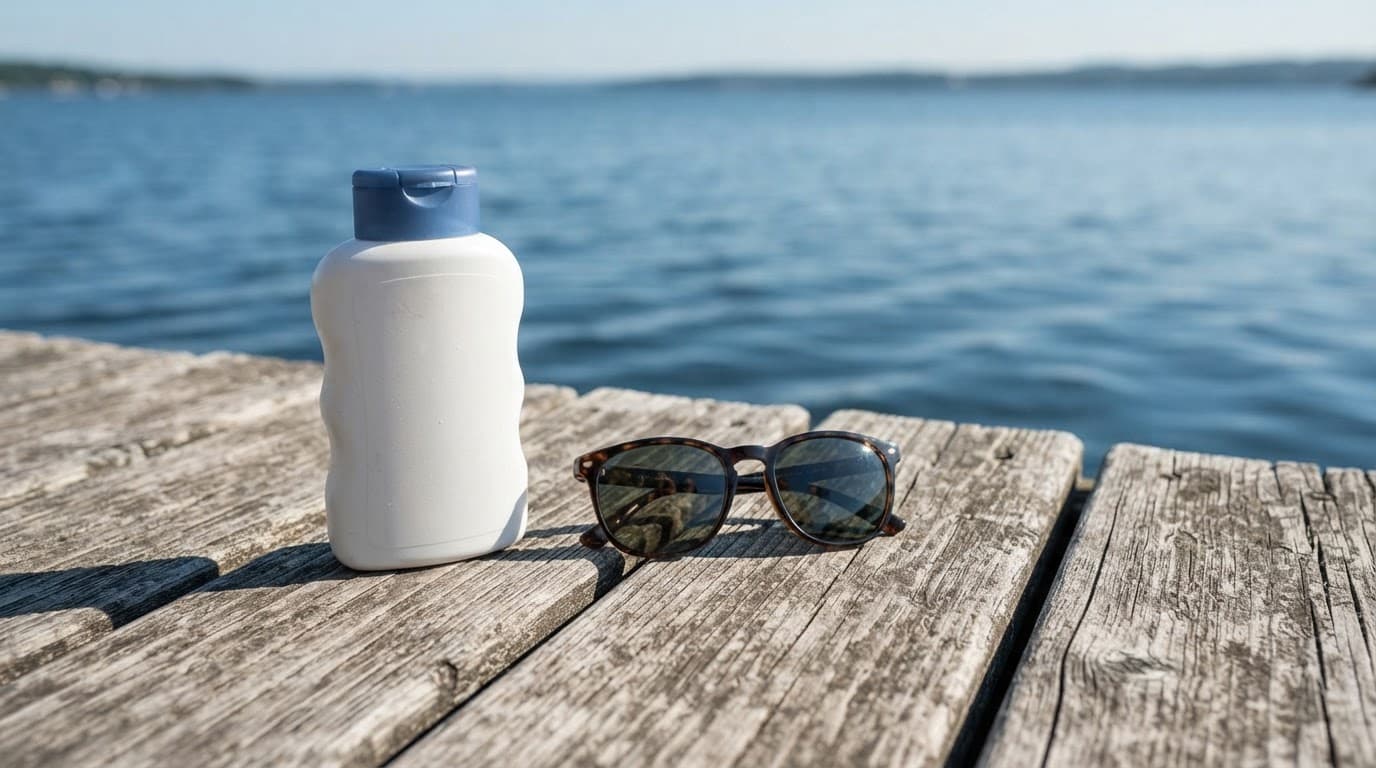 Solcreme og polariserede solbriller på et vejrbidt trædæk ved roligt blåt vand.
