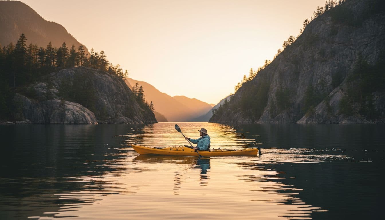 A single person paddles a stable kayak on calm flat water in a serene fjord landscape at sunset, featuring distant trees and a soft orange sky. Wide side-view composition captures the relaxed pose with paddle in water under golden hour lighting in realistic photography style.
